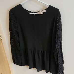 LOFT Black Blouse with Lace Sleeves